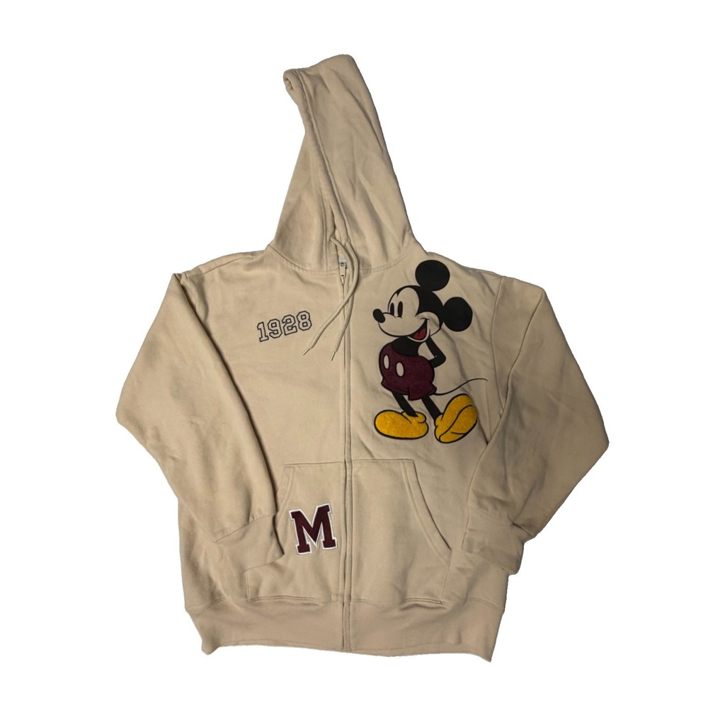 Disney Mickey Mouse Hoodie Womens L Ivory 1928 Minnie Pluto Varsity Full Zip